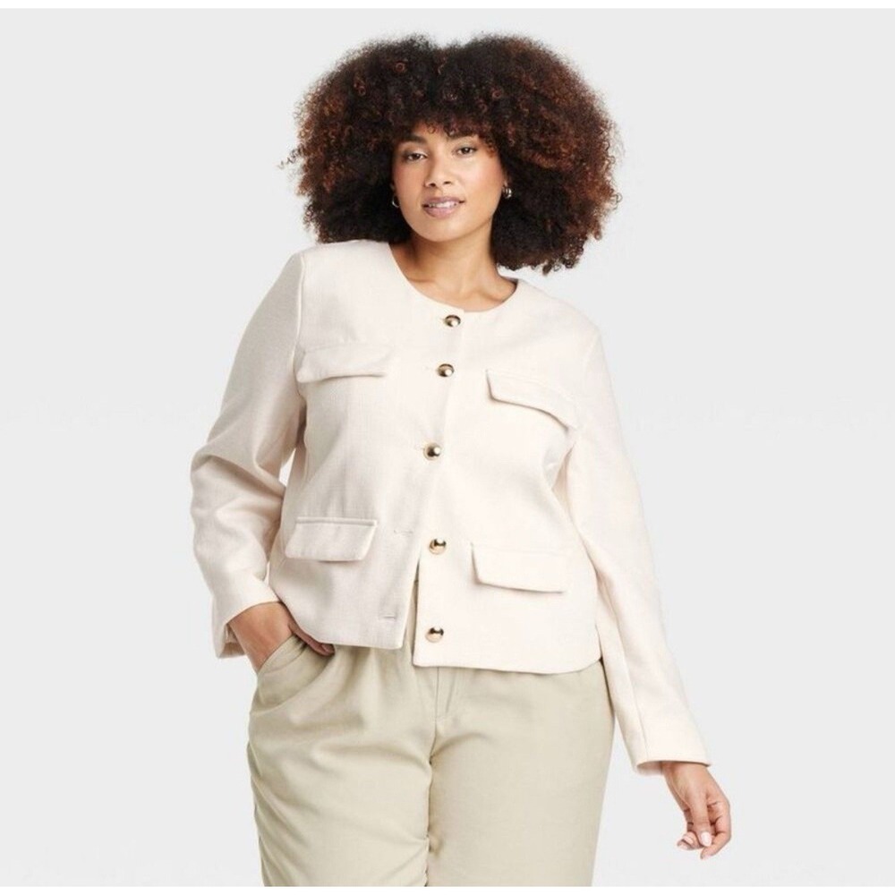 A New Day Timeless Minimalist Button Up  Jacket Ivory Casual Work Blazer‎ Sz XXL